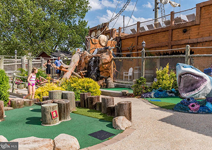 flat pirate skull outline made of rope on Putt Putt course green